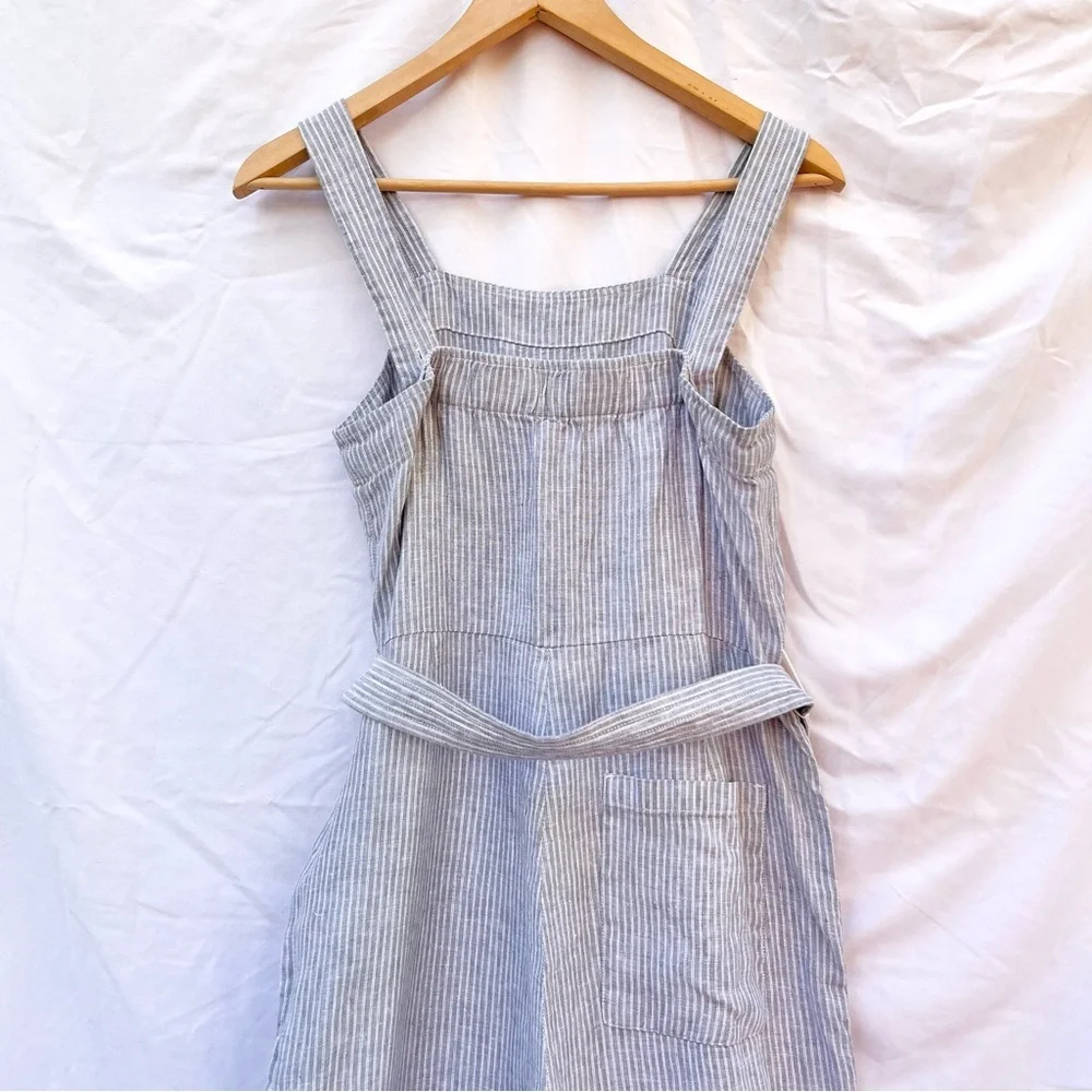 EVERLANE | LINEN STRIPED BELTED SQUARE NECKLINE JUMPSUIT SIZE 0 GRAY WHITE